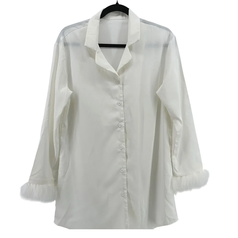 Womens White Faux‎ Feather Trim Pajama Sleep Shirt Button Down Sleepwear Top S